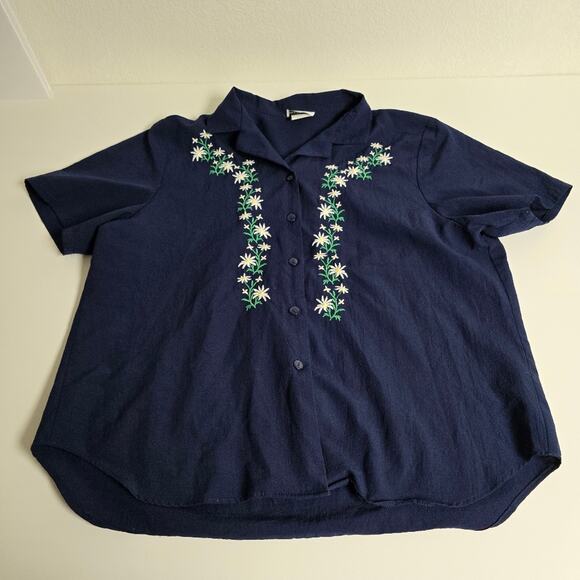 BonWorth Vintage Navy-Blue Button-Down Blouse Floral Embroidery Size Petite Med - Picture 1 of 10